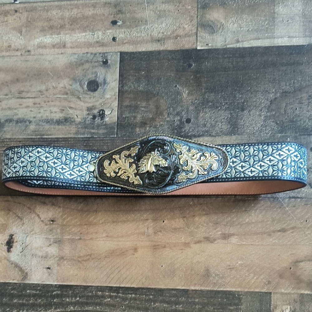 YAC Leather And Silk Design Silver Embroidery Belt Metal Horse Buckle Belt Charo